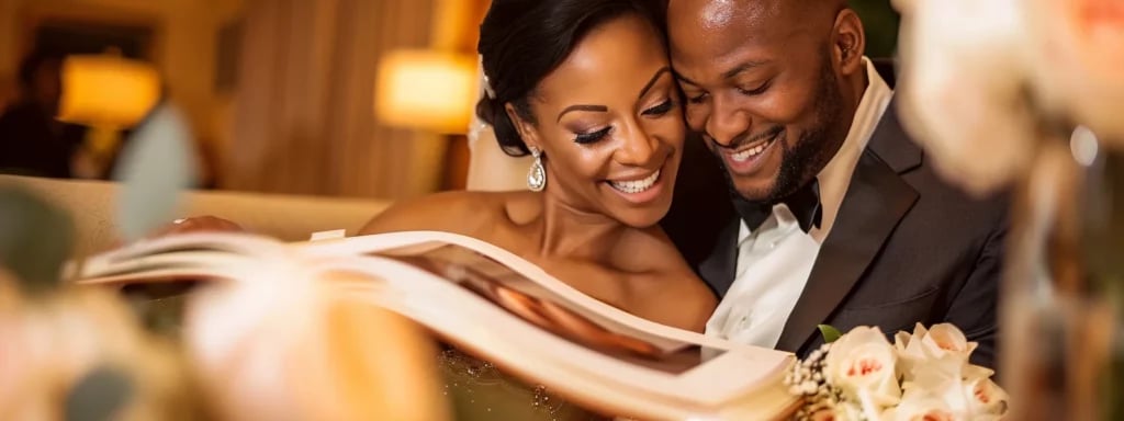 Discover Exclusive Miami Wedding Photographer Package Deals Now 5 a bride and groom looking through a beautifully designed wedding album, filled with stunning edited images captured by a miami wedding photographer.