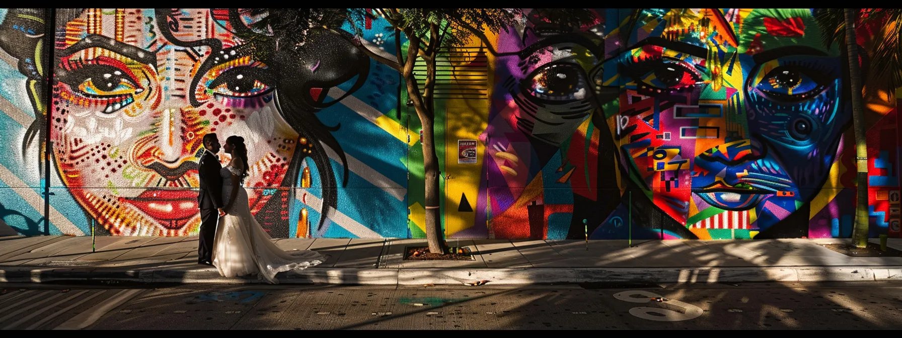 a bride and groom posing in front of vibrant street art in miami, captured by talented wedding photographers.