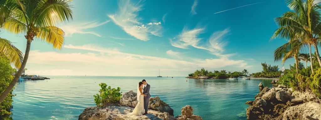Expertly Customized Photography Packages in Miami 7 a bride and groom posing against a backdrop of palm trees and crystal-clear waters, capturing the essence of miami's beautiful locations in their wedding photos.