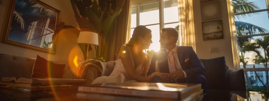 a bride and groom sitting together, looking at a stunning portfolio of a miami wedding photographer, surrounded by glowing testimonials and reviews, in a cozy consultation room filled with natural light.