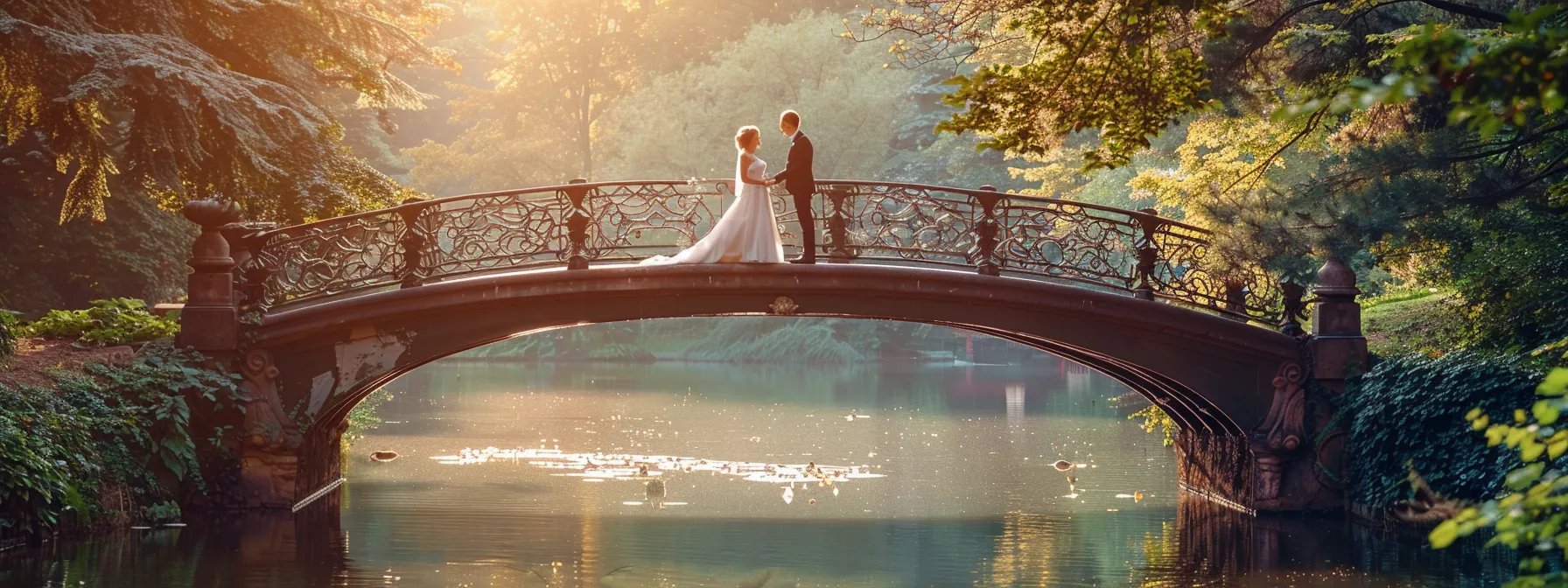 a bride and groom standing on a picturesque bridge, discussing wedding day logistics with their photographer.