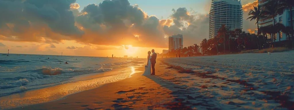 Expertly Customized Photography Packages in Miami 1 a bride and groom standing on a picturesque miami beach at sunset, captured in a timeless and romantic photography style to reflect their unique love story.