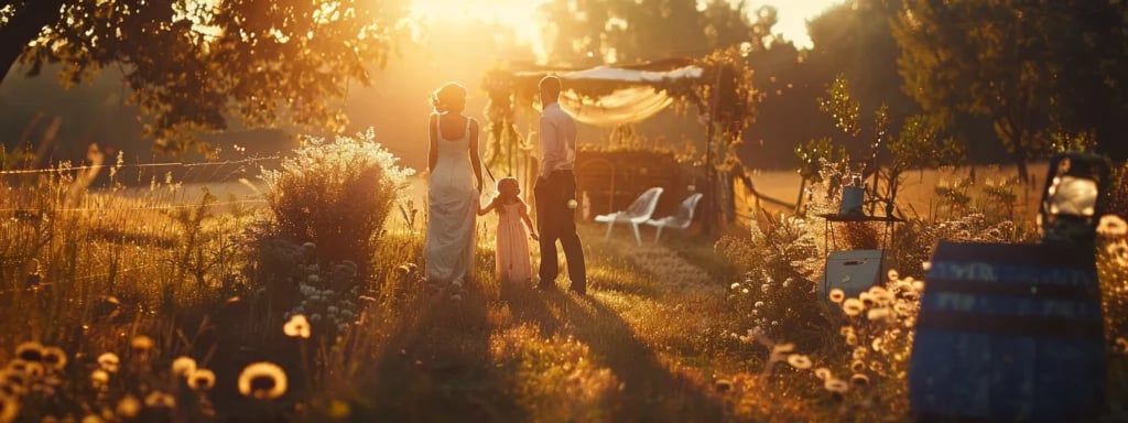 a bride and groom standing in a sunlit field surrounded by romantic props, capturing the essence of their love story in a whimsical and enchanting setting.