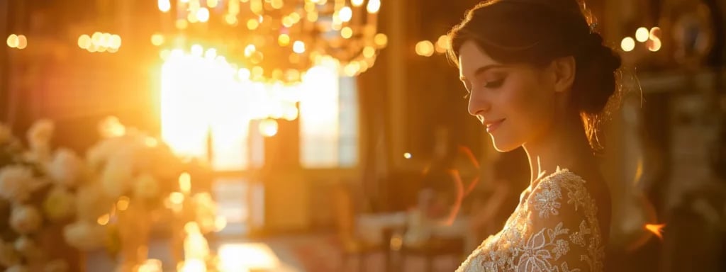 a bride in a vintage lace dress poses under the soft light of a chandelier, while a photographer adjusts their camera settings to capture the elegance and charm of her special day.