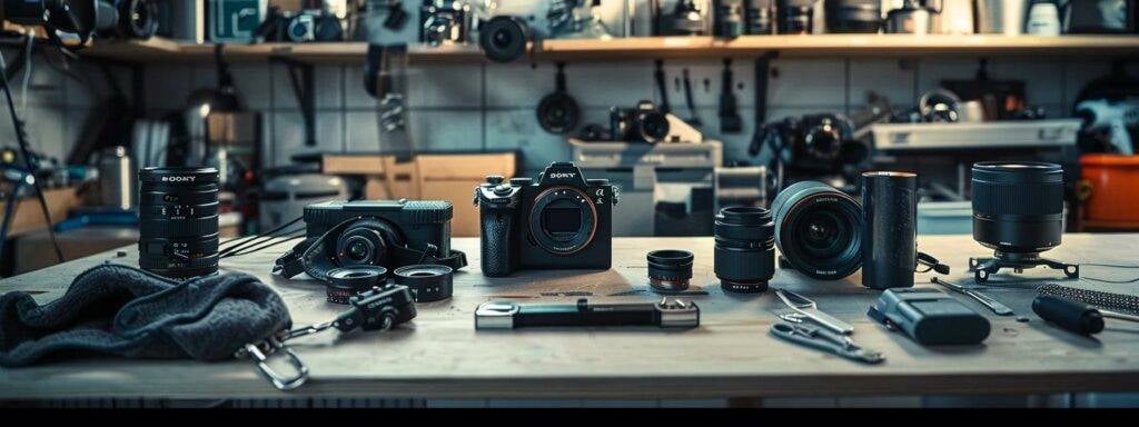 Cameras for Wedding Photographers in 2025: Choosing the Right Equipment 11 a camera and lenses sparkling under soft light, surrounded by protective cases and gear maintenance tools on a clean, organized workspace.