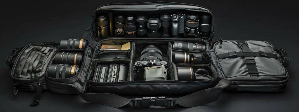 Cameras for Wedding Photographers in 2025: Choosing the Right Equipment 7 a camera bag filled with a variety of lenses, memory cards, and tripods, ready for a wedding photography session.