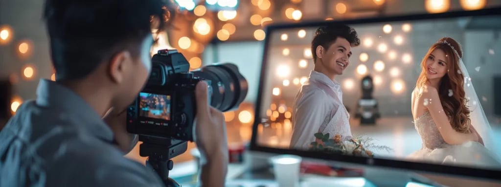 a couple carefully comparing pricing packages from different miami wedding photographers, surrounded by beautifully framed sample photos capturing joyful moments.