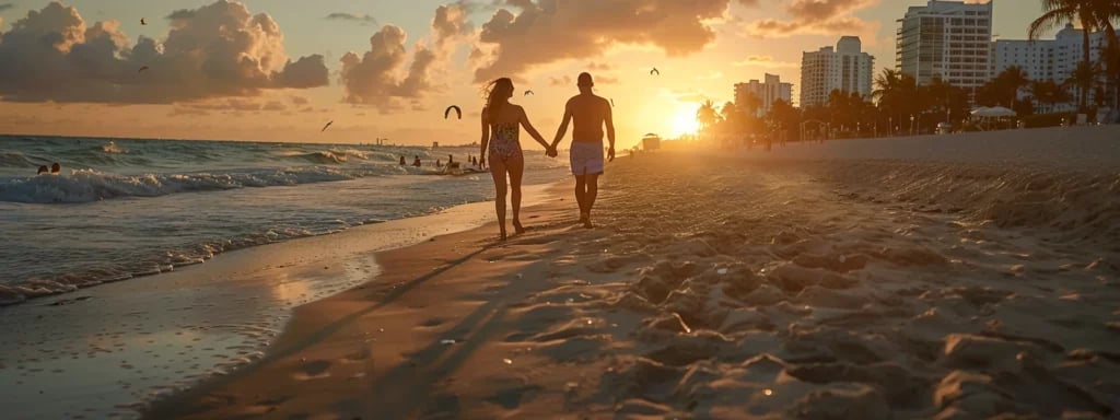 Guide to Perfect Engagement Session Outfits in Miami 3 a couple dressed in coordinating swimwear and cover-ups, walking hand in hand along the sandy miami beach at sunset.