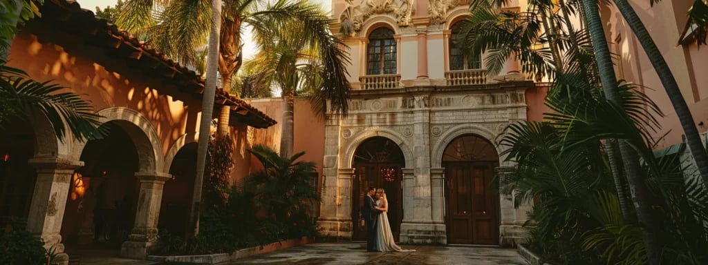 a couple dressed in elegant vintage attire share a tender moment in front of miami's historic architecture, showcasing the timeless charm of vintage wedding photography.