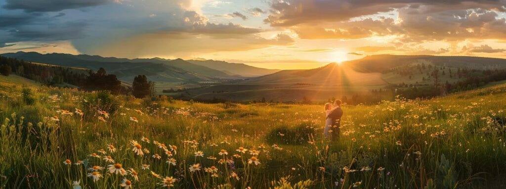 Capturing Love: Exceptional Northern Colorado Wedding Photographers 11 a couple embracing under a golden sunset, surrounded by blooming wildflowers in a picturesque northern colorado wedding setting.
