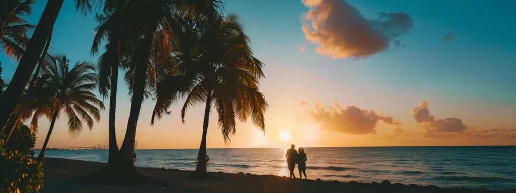 a couple happily receiving their wedding photos from a miami photographer, with a beautiful backdrop of the ocean and palm trees.
