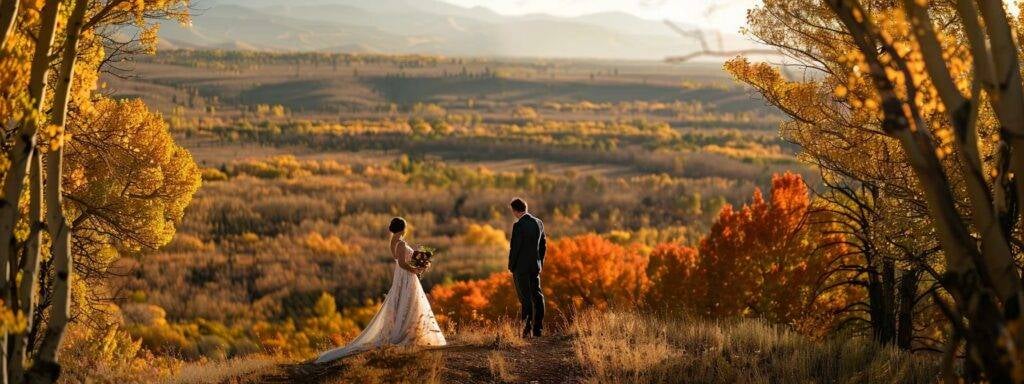 Capturing Love: Exceptional Northern Colorado Wedding Photographers 9 a couple standing on a picturesque hill in northern colorado, surrounded by vibrant autumn foliage, discussing wedding photo details with their photographer.