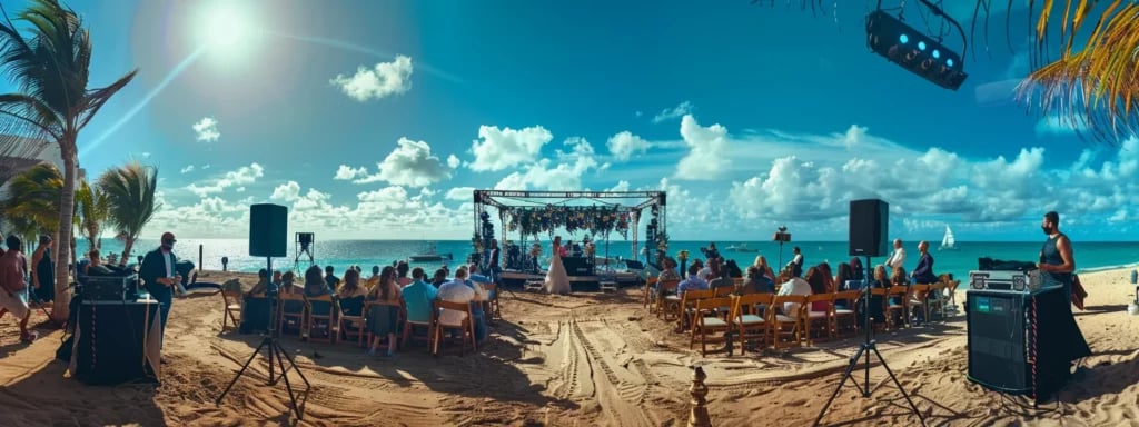 a miami wedding photographer surrounded by high-end camera equipment and editing software, capturing the vibrant colors and energy of a beachfront wedding ceremony.