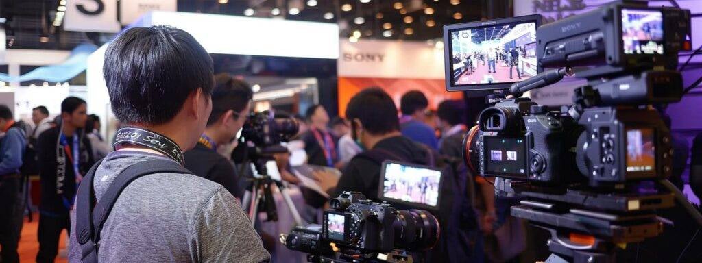 Cameras for Wedding Photographers in 2025: Choosing the Right Equipment 9 a photographer testing out different cameras at a bustling trade show, surrounded by a variety of high-quality camera models on display.