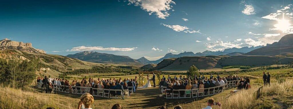 a skilled photographer capturing a breathtaking outdoor wedding ceremony in cody with stunning natural scenery in the background.