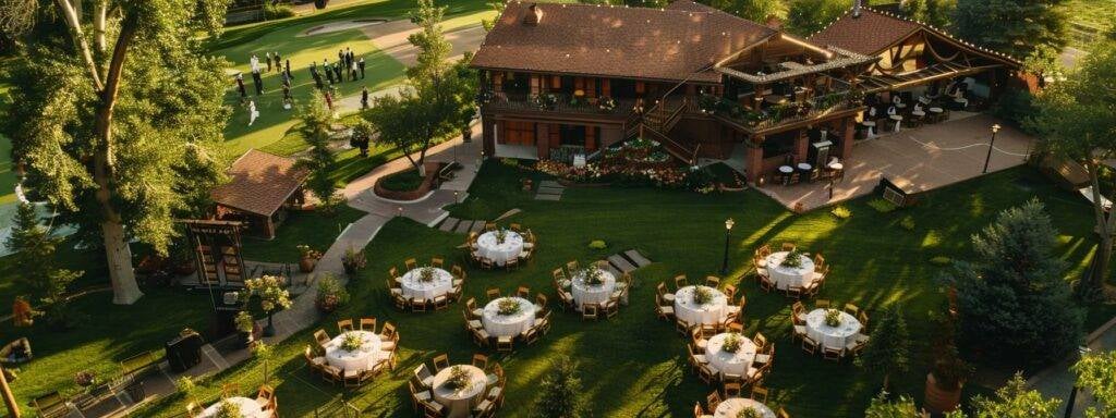 a stunning aerial shot captures a picturesque colorado wedding venue with a professional videographer capturing the memorable moments.