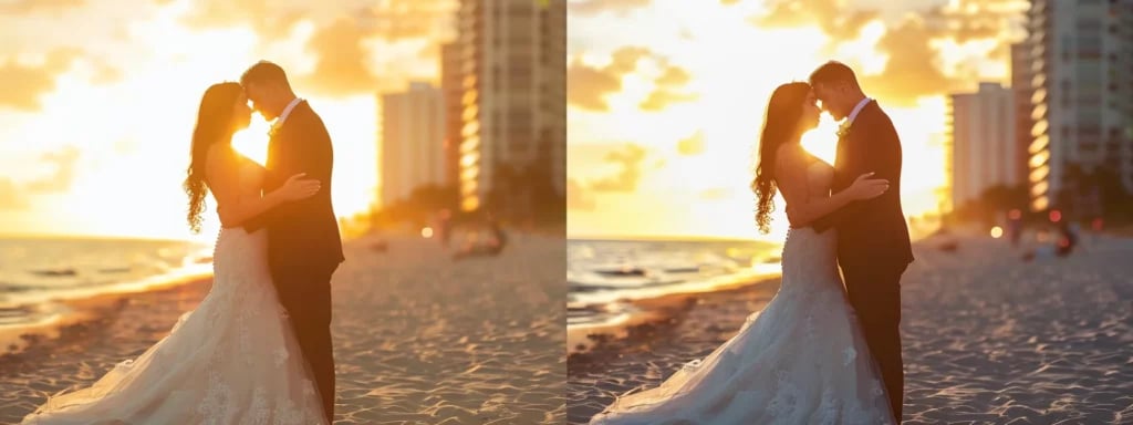 a sun-kissed bride and groom embrace on a picturesque miami beach, their love captured in vivid colors by a skilled wedding photographer.