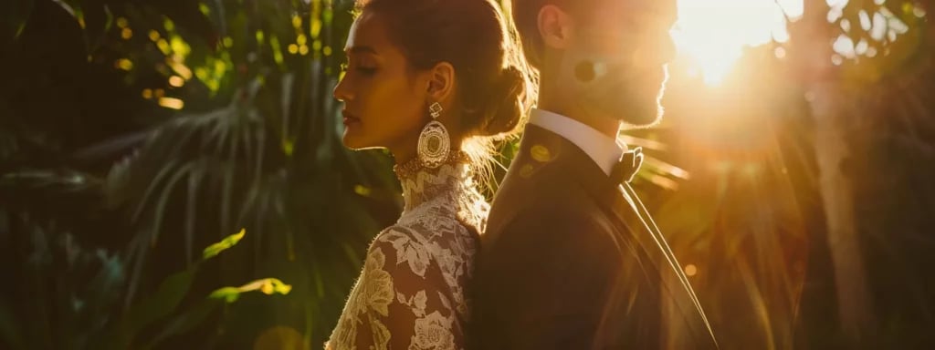 a bride in a stunning vintage gown and groom in a classic suit standing together in a sunlit garden adorned with antique jewelry and details, radiating timeless elegance for their miami wedding.