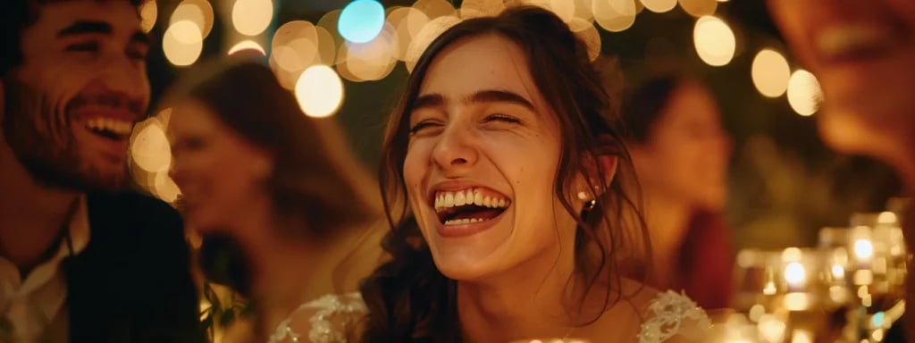 capturing a candid moment of laughter and emotion at a wedding, blending photojournalism with artistic flair.