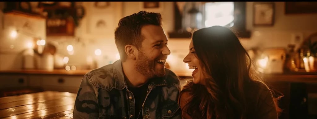a couple laughing together while sharing stories with their photographer in a cozy, intimate setting.