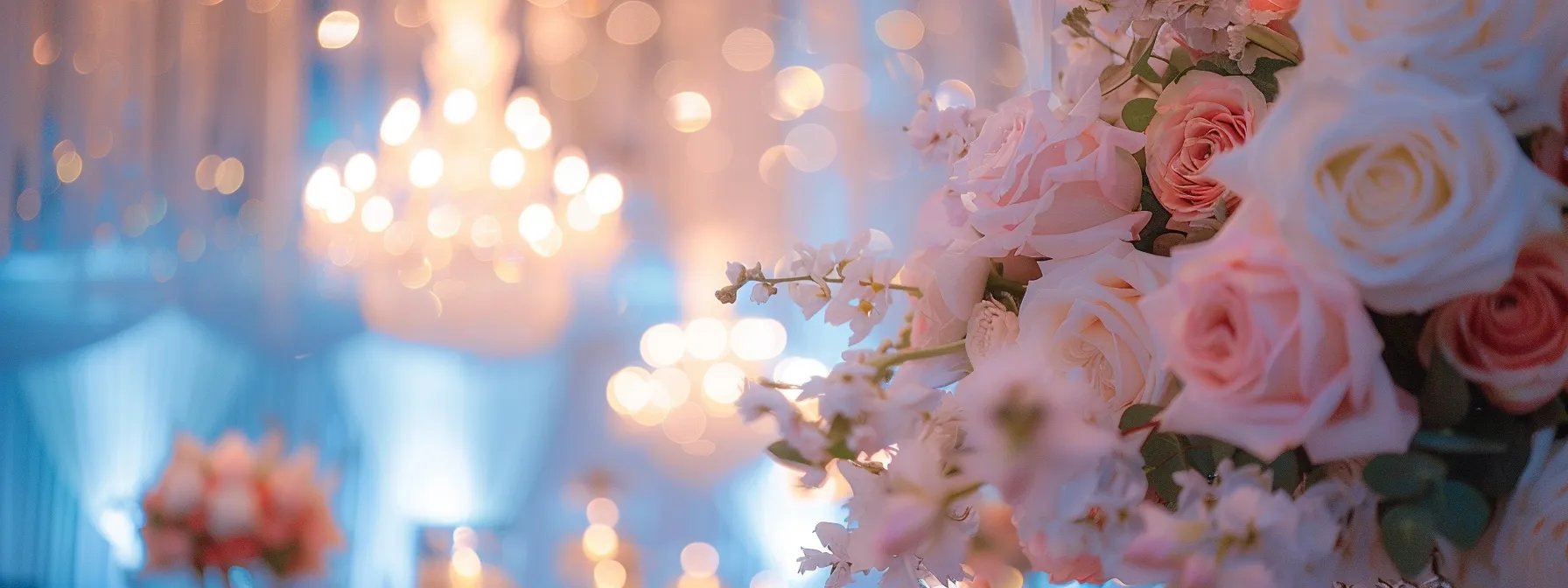 a grand ballroom with crystal chandeliers and elegant floral arrangements, set up for a lavish wedding celebration at one of the best luxury hotels in fort lauderdale.