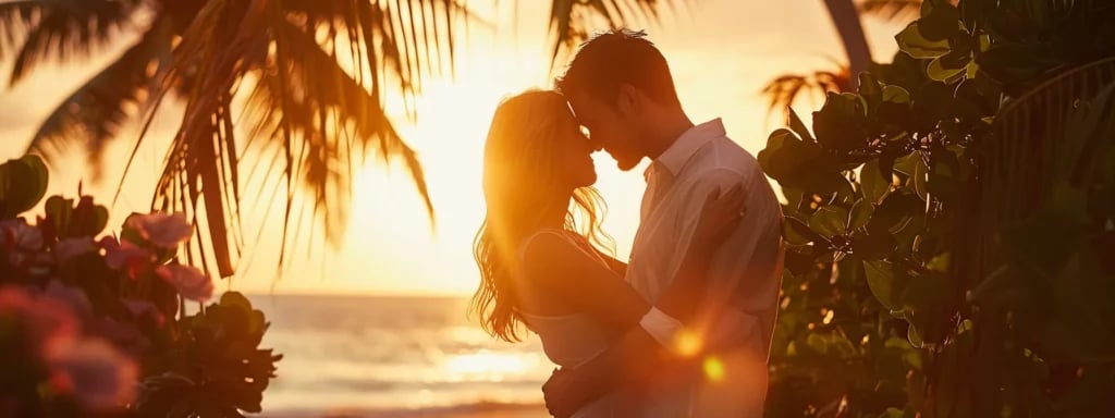 Expertly Customized Photography Packages in Miami 3 a loving couple in miami, surrounded by lush greenery and vibrant tropical flowers, embracing under a golden sunset while a professional photographer captures their special moment.
