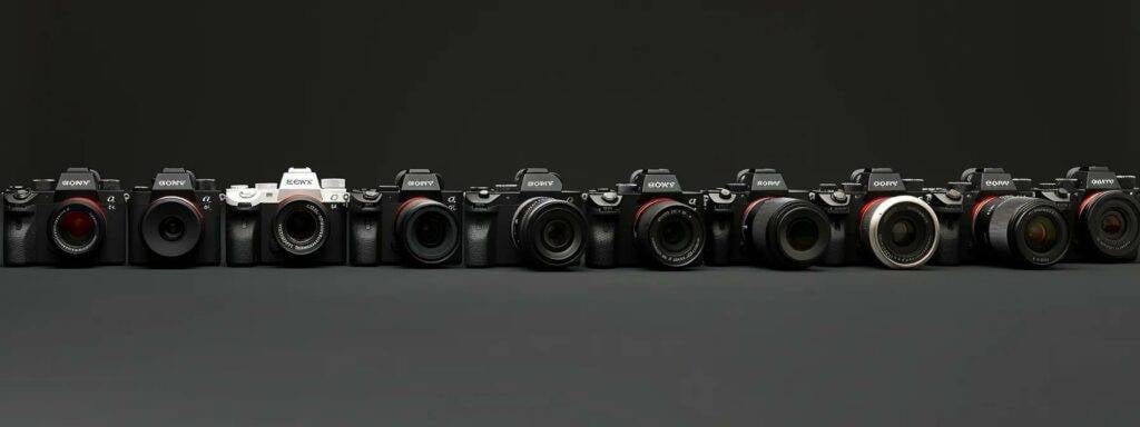 Cameras for Wedding Photographers in 2025: Choosing the Right Equipment 5 a sleek lineup of digital cameras, ranging from budget-friendly to high-end models, showcasing various features and price points.