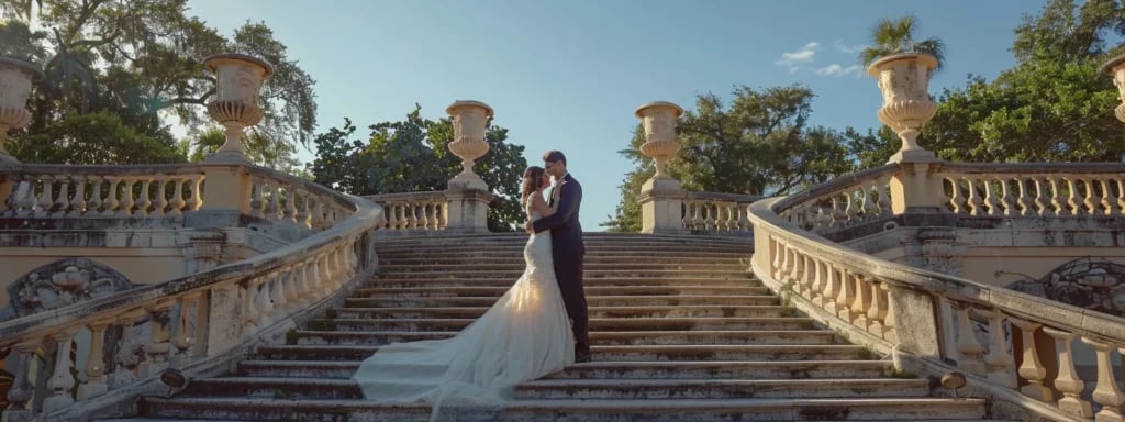 Discover Exclusive Miami Wedding Photographer Package Deals Now 1 captivating photo of a bride and groom embracing at the exquisite vizcaya museum and gardens for their miami wedding photography session.