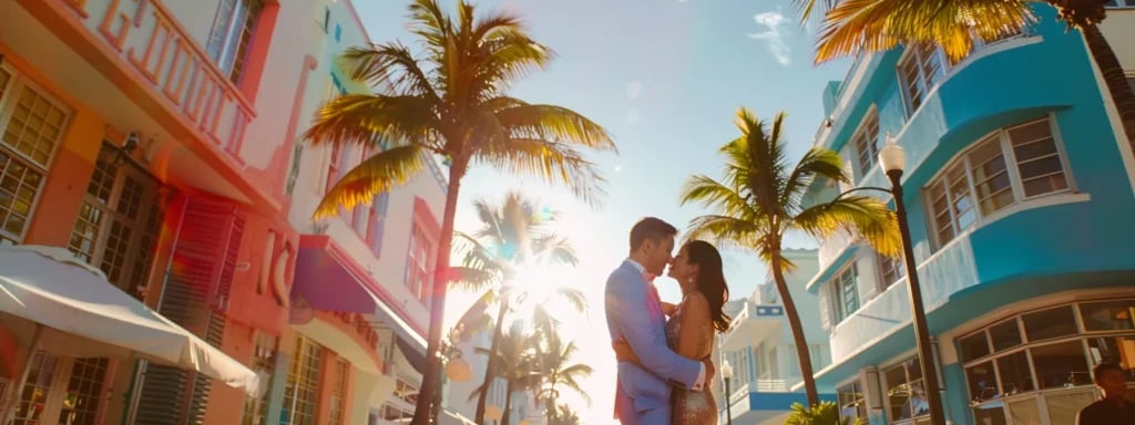 capturing a couple in formal attire against the colorful backdrop of miami's art deco district, with palm trees and vibrant architecture framing the shot.