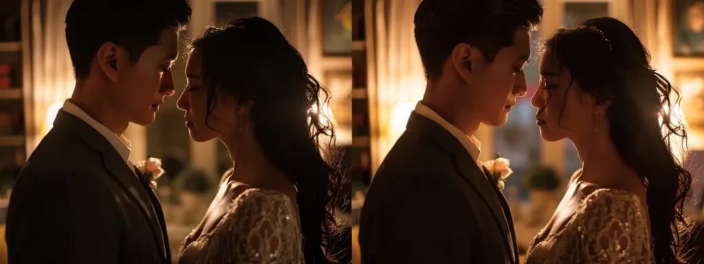 a bride and groom sharing a tender moment during their wedding, captured seamlessly in both a beautiful photograph and a heartfelt video.