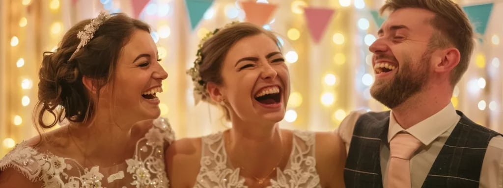 a bride and groom laughing with a young photographer, surrounded by diy photo booth props, capturing candid wedding moments on a budget.