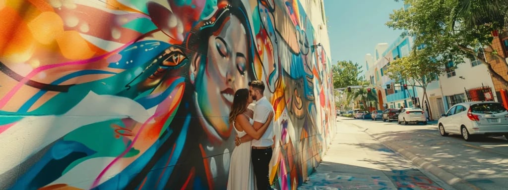 a bride and groom embrace in front of a colorful mural on a sunny miami street, the vibrant artwork serving as a stunning backdrop for their wedding photo.