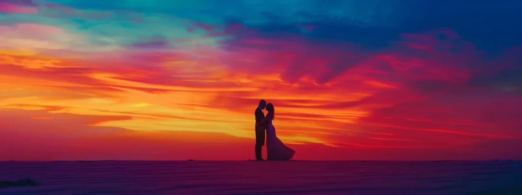 a bride and groom embracing on a colorful miami beach at sunset, captured in a romantic and vibrant fine art photography style.