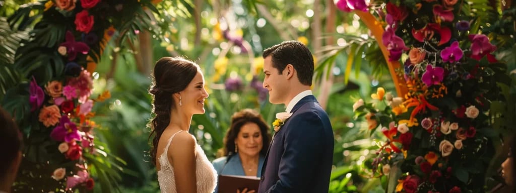 Your Guide to Miami's Most Unique Wedding Venues 11 a bride and groom exchanging vows under a colorful, floral arch at a unique outdoor wedding venue in miami.