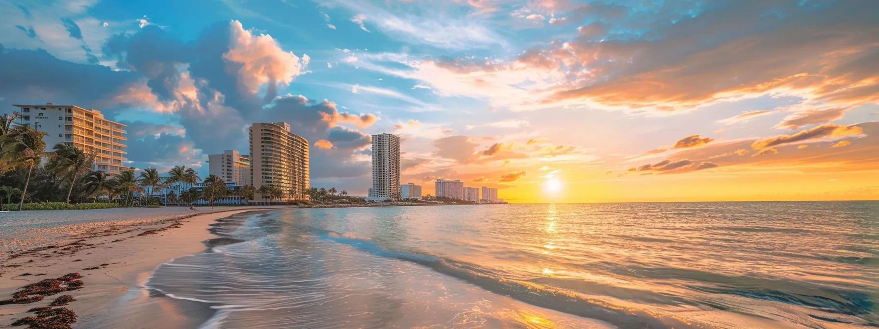 a bride and groom posing on a beautiful miami beach at sunset for their destination wedding photography, capturing the vibrant colors and romantic atmosphere.