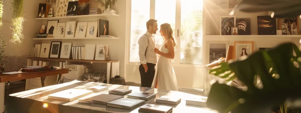 Tailored Wedding Photography Solutions in Miami: Your Detailed Guide 5 a bride and groom meeting with a photographer in a sunlit miami studio, surrounded by stunning wedding photo albums and samples of their work.