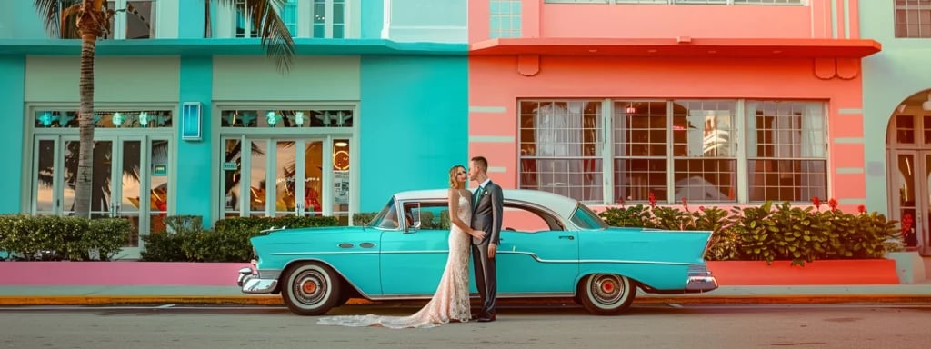 a bride and groom posing in front of a vibrant art deco building with tropical foliage and a classic car in the background.
