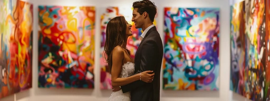 a bride and groom standing in a vibrant, art-filled miami gallery, surrounded by colorful abstract paintings, with the photographer capturing their joyful embrace.