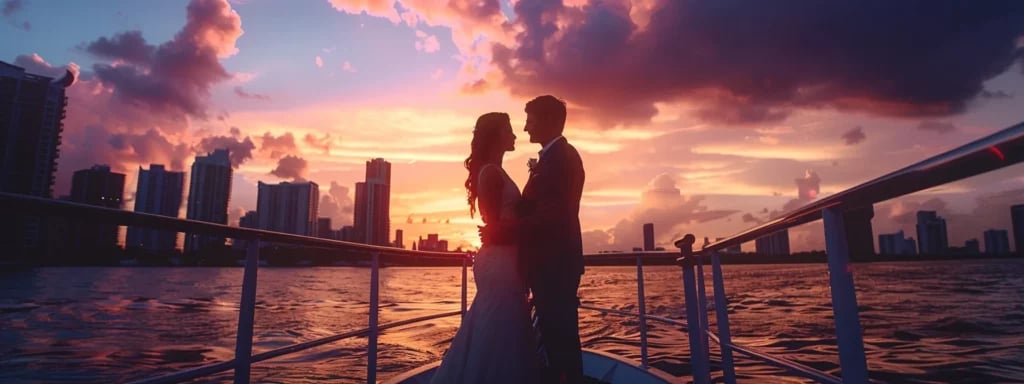 Your Guide to Miami's Most Unique Wedding Venues 1 a bride and groom exchanging vows on a luxurious yacht with miami's skyline in the background, under a colorful sunset sky.