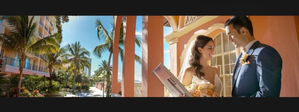 a bride and groom-to-be reviewing a photographer's portfolio of past miami weddings, surrounded by colorful and vibrant wedding photos.