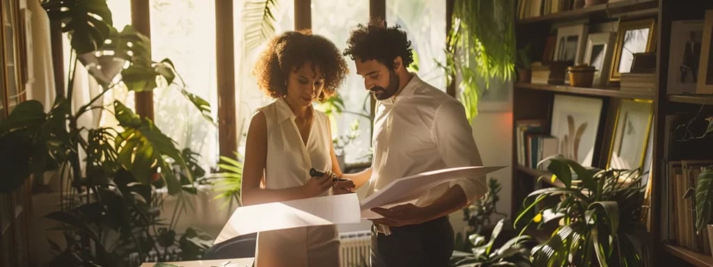 a bride and groom carefully reviewing a photographer's portfolio and contract details in a cozy miami studio.