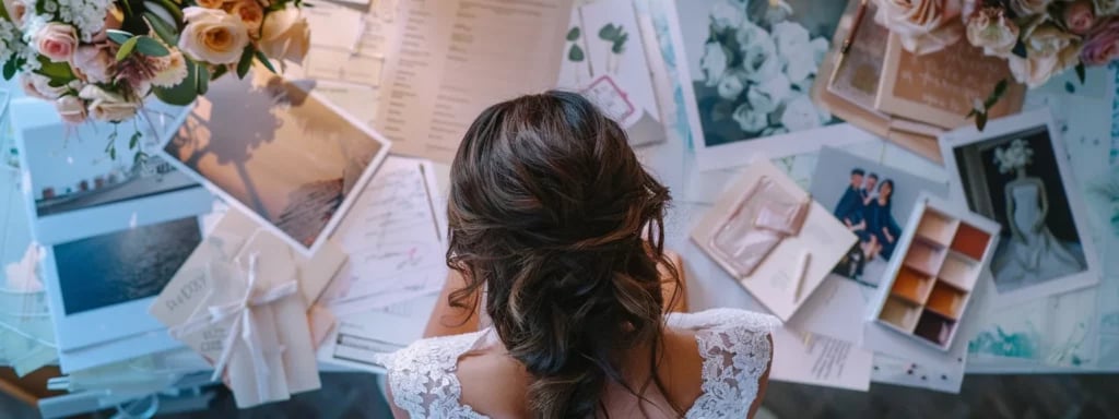 a bride surrounded by mood boards, sketches, and a detailed wedding schedule, discussing photography ideas with a focused and attentive miami photographer.