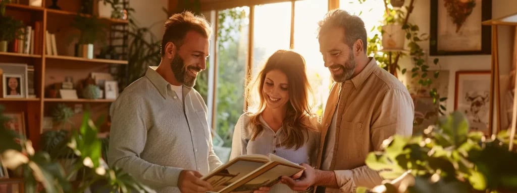 a couple and a photographer discussing wedding details and looking at a sample photo album in a sunlit, cozy studio setting.