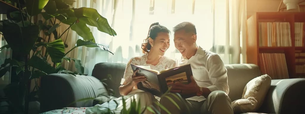 a couple happily reviewing a miami wedding photographer's portfolio together, surrounded by sample prints and albums, with bright sunlight streaming in through a window.