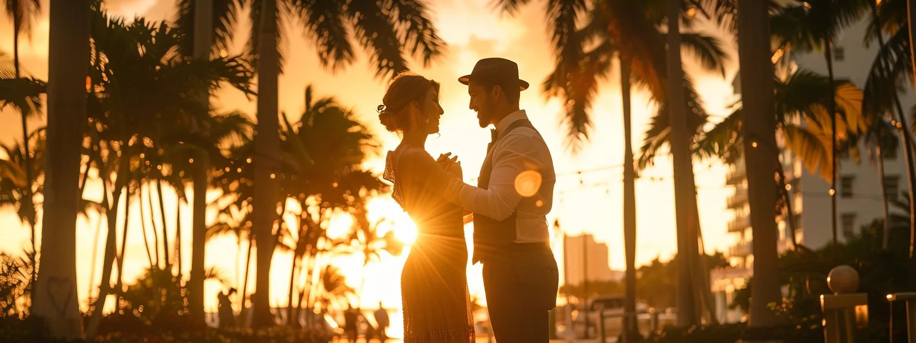 a couple in elegant vintage attire sharing a romantic dance under a palm tree-lined sunset in miami.
