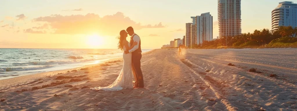 Understanding Hourly Wedding Photography Rates in Miami 3 a couple posing for a wedding photo on a sunlit miami beach, with a photographer capturing candid moments and the city skyline in the background.