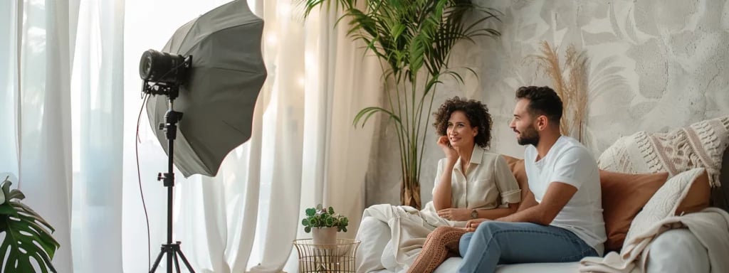 a couple reviewing a portfolio of a miami photographer and videographer, surrounded by glowing client testimonials and a list of essential questions to ask during a consultation.