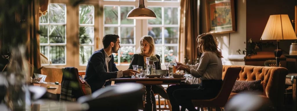 a couple sitting at a table with a wedding planner, sharing their vision and details for the big day in a cozy, well-lit room.