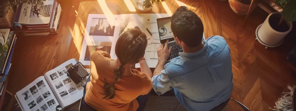 Discover Exclusive Miami Wedding Photographer Package Deals Now 9 a couple sitting together, carefully reviewing a photographer's portfolio and testimonials, surrounded by wedding planning materials and a calendar marked with consultation dates.