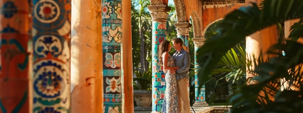 Guide to Perfect Engagement Session Outfits in Miami 1 a couple standing in front of the colorful architecture of the vizcaya museum and gardens, dressed in vibrant patterns and tropical elements, reflecting miami's unique style for engagement sessions.